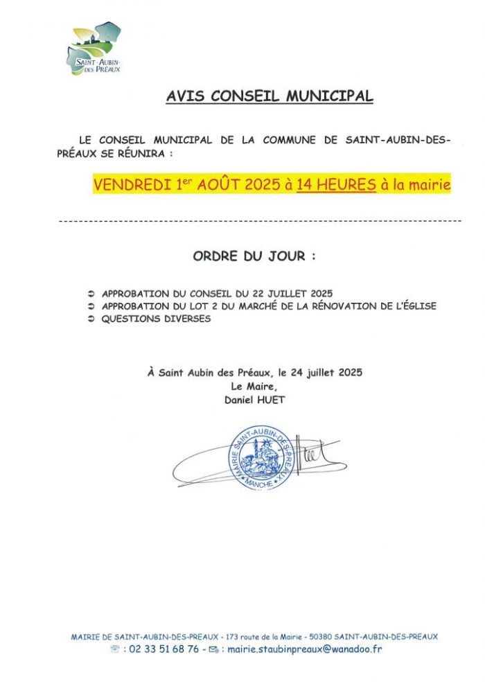 AVIS CONSEIL MUNICIPAL DU VENDREDI 1er AOÛT 2025