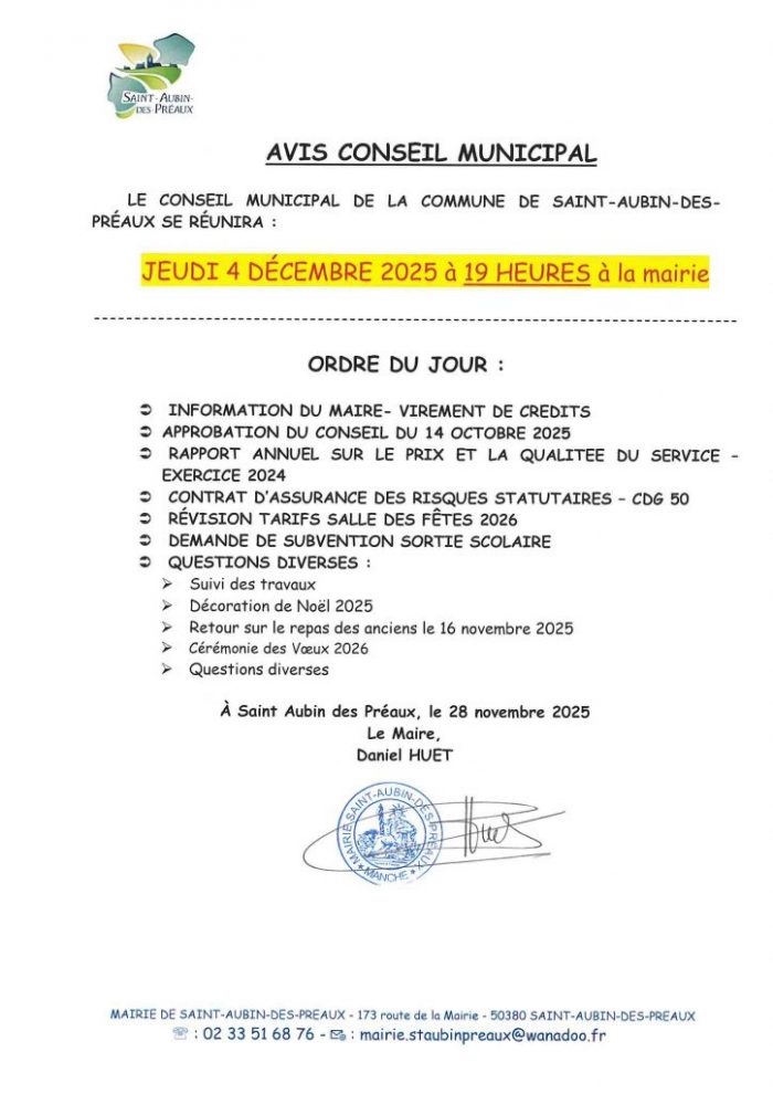 AVIS DU PROCHAIN CONSEIL MUNICIPAL