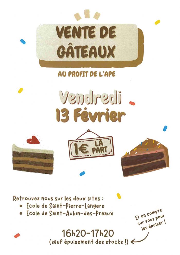 APE –  Vente de gâteaux avant les vacances de Carnaval !