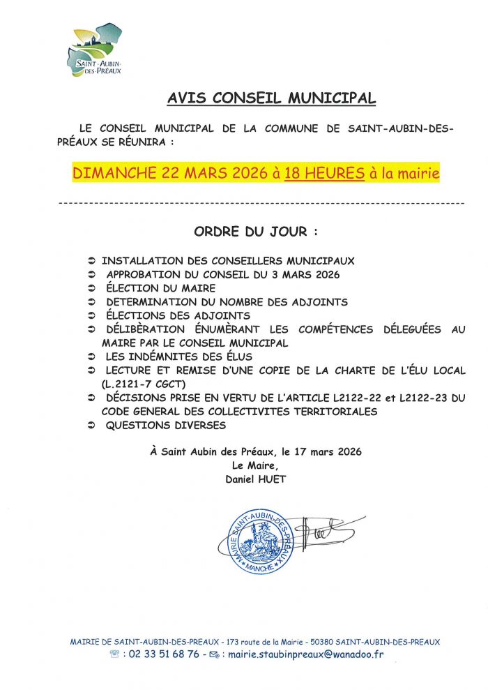 AVIS DU CONSEIL MUNICIPAL DU 22 MARS 2026
