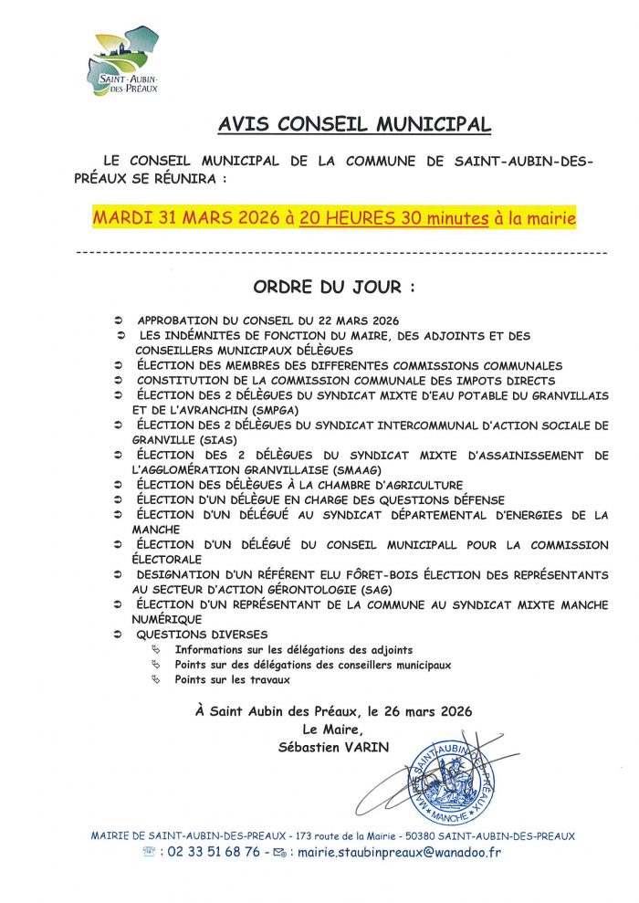 AVIS DE CONSEIL MUNICIPAL DU 31 MARS 2026