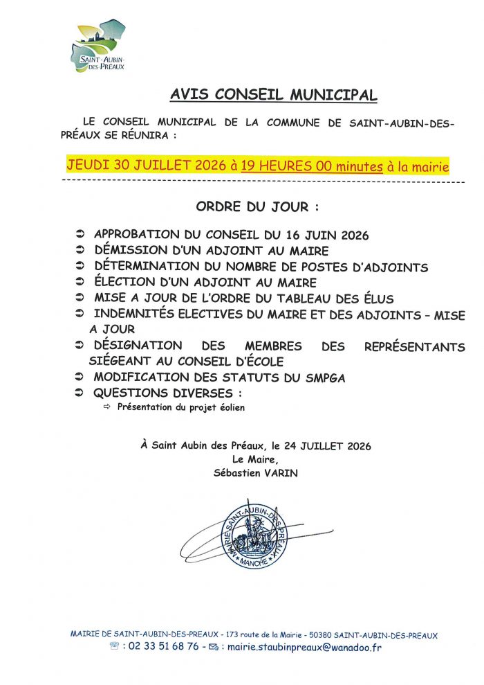 🏛️ Avis de Conseil Municipal – Jeudi 30 juillet 2026