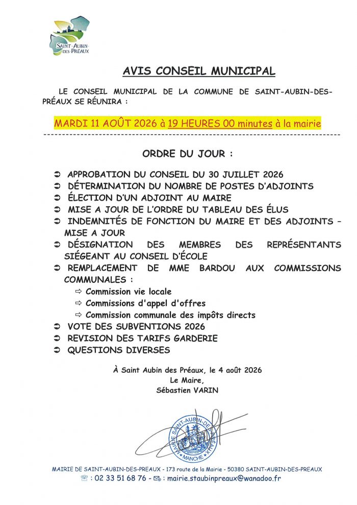 AVIS DU CONSEIL MUNICIPAL DU 11 AOÛT 2026