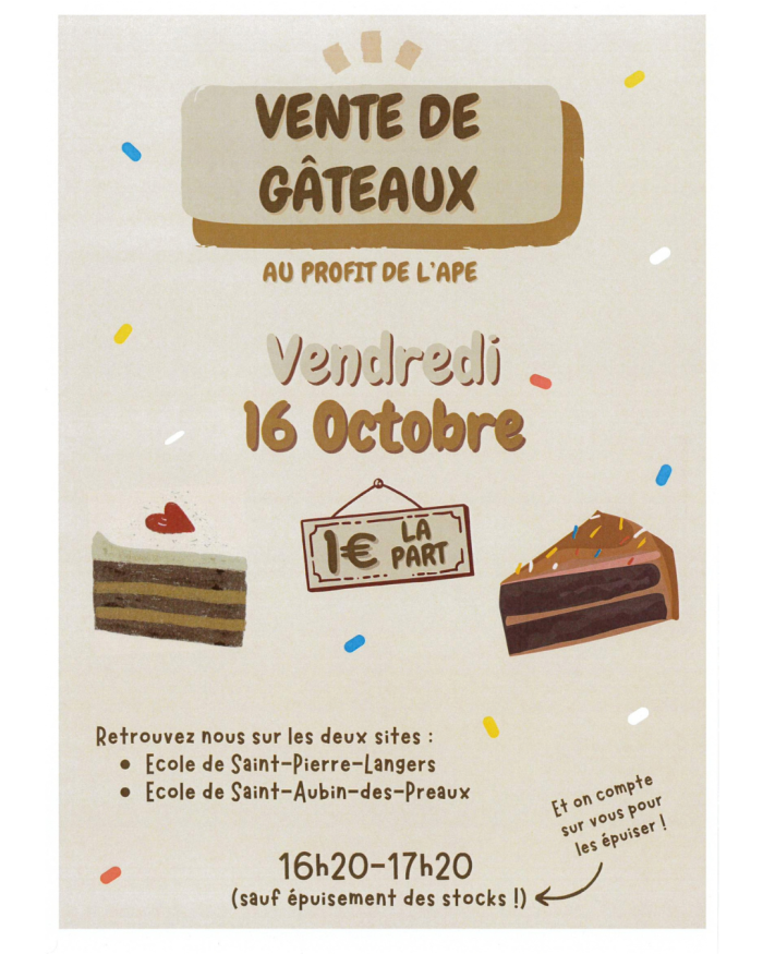 📣 VENTE DE GÂTEAUX AU PROFIT DE L’APE ! 🍰🎂